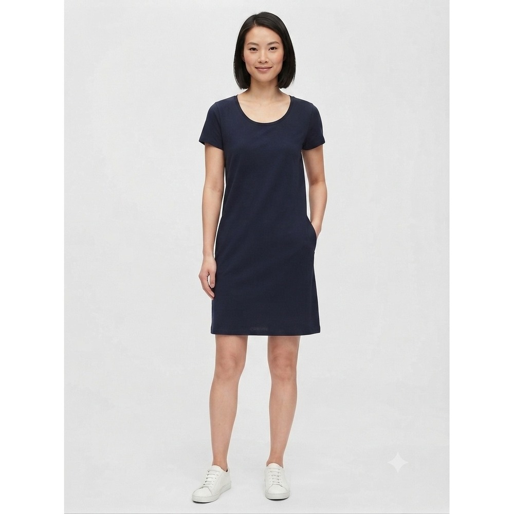 Eileen Fisher Organic Cotton Spandex Short Sleeve Shift Dress Navy Petite Small